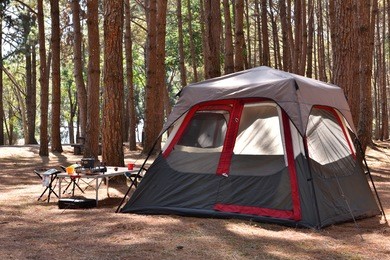 camping tent with desk and chairs in pine forest