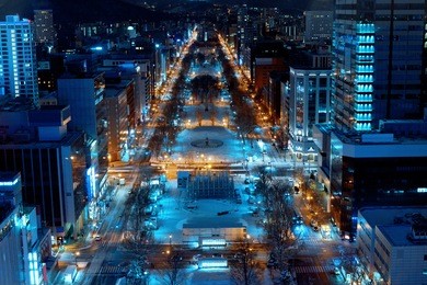 the main street & landmark park of sapporo city are decorated by illumination in winter from observation deck of tv tower, hokkaido, japan