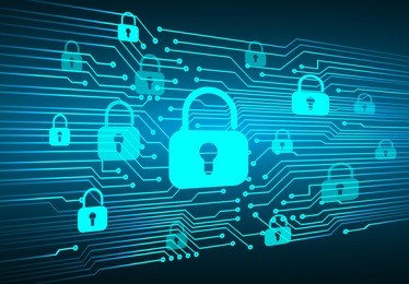 safety concept, closed padlock on digital, cyber security, blue abstract hi speed internet technology background illustration. key, sci fi vector