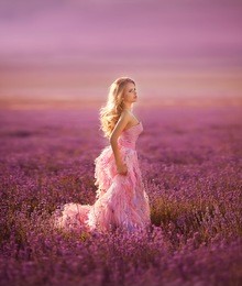 beautiful young woman in the lavender fields. pink skirt , a good mood . provence 