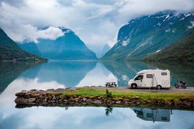 family vacation travel, holiday trip in motorhome, caravan car vacation. beautiful nature italy natural landscape alps.