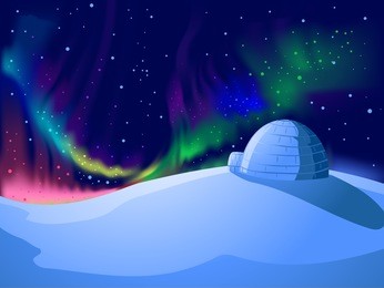 colorful background illustration featuring auroras dancing over a snow covered mountain