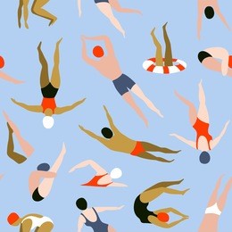 people swimming pattern. summer seamless background. summertime vector illustration with swimmers drawing in flat design.