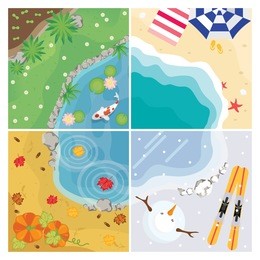 four seasons vector with pond, beach and garden