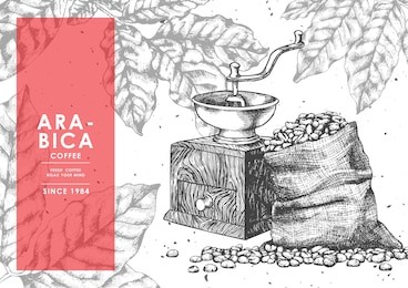 vintage coffee bean in sackcloth and coffee grinder with red label by pen ink sketch drawing technique.vector and illustration.