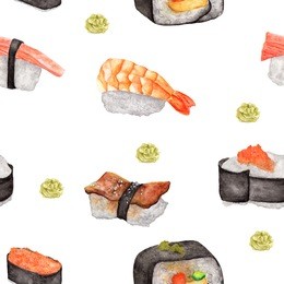 seamless pattern of sushi and wasabi. watercolor food pattern.