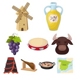 a set of pictures about spain. sights of spain, gypsies, guitar, dances.spain country icon in set collection on cartoon style vector symbol stock illustration.