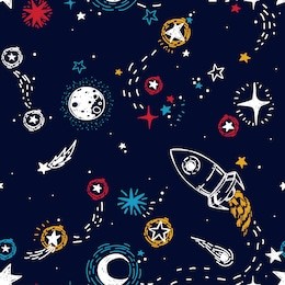 seamless pattern for journey to space with sketch stars, rocket, comets and planets, vector illustration