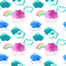 cute watercolor clouds with rain and rainbows. seamless pattern with watercolor objects isolated on white background for your design: textile, fabric, postcard.