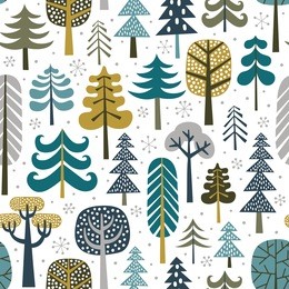 winter snowy woods seamless pattern. silhouettes of cute snowy trees on white background. repetitive christmas vector wallpaper.