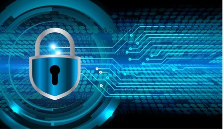 safety concept, closed padlock on digital, cyber security, blue abstract hi speed internet technology background illustration. key, sci fi vector