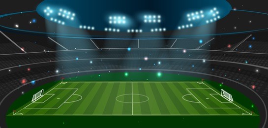 football stadium and soccer field with spotlight at night with abstract glitter light ,sport concept vector background