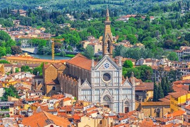 above view of basilica of santa croce (basilica di santa croce di firenze) on  holy cross square (piazza di santa croce) in  florence. italy.