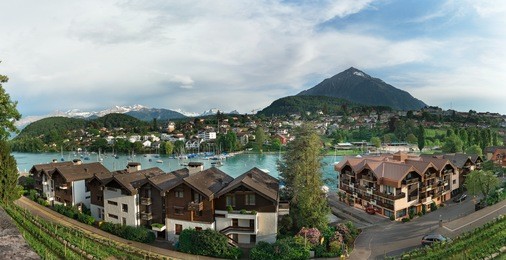 town of spiez on lake thun switzerland