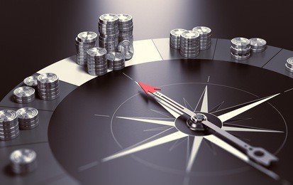 compass over black background with needle pointing the biggest pile of money, concept of making profits and good investment advice or wealth management. 3d illustration.