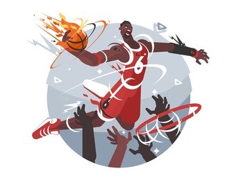 basketball player with ball makes slam dunk. vector flat illustration