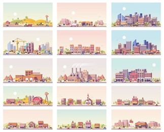 vector low poly landscapes set. includes city, small town, factory, warehouse, countryside, construction site, gas station and restaurant