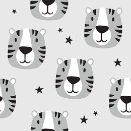 muzzle of tigers and stars, hand drawn backdrop. colorful seamless pattern with muzzles of animals. decorative cute wallpaper, good for printing. overlapping background vector. design illustration