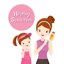 mother holding sunscreen packaging and daughter happy with it, facial, beauty, cosmetic, makeup, healthy, body, protection, skin
