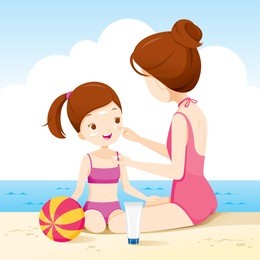 mother wearing sunscreen on daughter face on the beach, facial, beauty, cosmetic, makeup, healthy, body, protection, skin