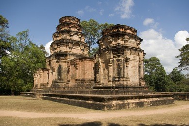 relief of vishnu on garuda carved directly out of the brick walls of prasat kravan, an ancient hindu temple at angkor in cambodia