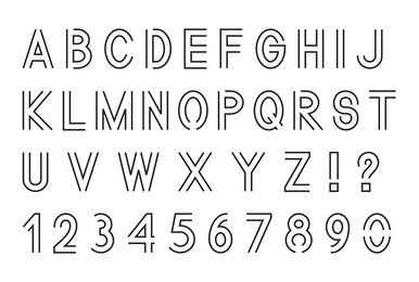 line font, latin alphabet letters with set of numbers 1, 2, 3, 4, 5, 6, 7, 8, 9, 0, outlined, black isolated on white background, vector illustration.