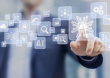 artificial intelligence (ai), machine learning and data mining technology icons on a virtual interface with a person touching a button with electronic circuit