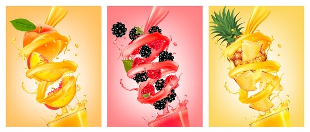 set of labels of of fruit in juice splashes. peach, strawberry, blackberry, pineapple. vector.