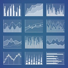minimalistic white graphics with horizontal and vertical columns, smooth waves and broken lines on coordinate system with grid vector illustrations.
