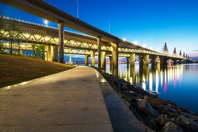 city of landmark buildings, modern bridge night view, china nanchang