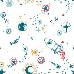 seamless pattern for journey to space with sketch stars, rocket, comets and planets, vector illustration