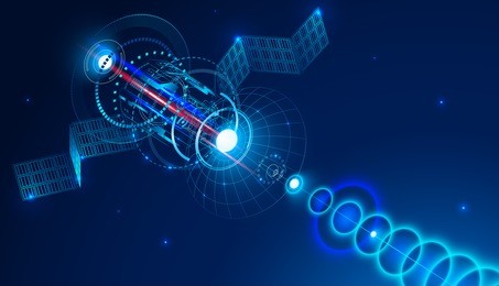 geostationary telecommunications satellite from space sends a digital signal via satellite dish. conceptual abstract background. vector