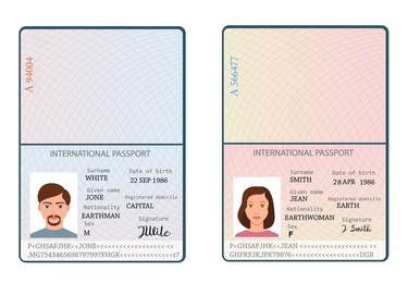 international male and female passports with signature, nationality name surname date of birth information and pictures of man and woman in flat style