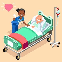 black nurse or family doctor in day hospital at male patient bed 3d flat hero people emotions in isometric cartoon style medical icon vector illustration images.