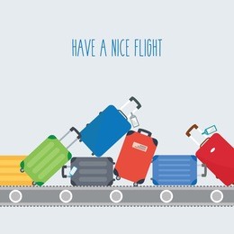 space & text - have a nice flight. different colorful luggage bag. suitcase on conveyor belt. baggage claim at airport vector travel bags on background flat design