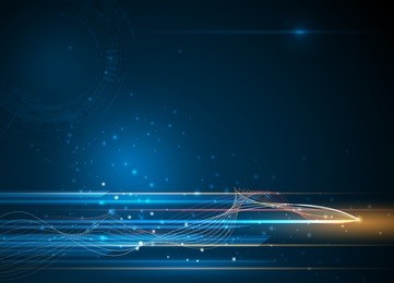 vector abstract, science, futuristic, energy technology concept. digital image of light rays, stripes lines with blue light, speed and motion blur over dark blue background