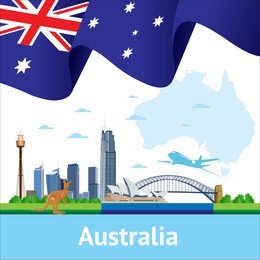 australia skyline landmark and flag vector for flat trendy illustration, travel to australia, advertising web illustration, summer vacation and traveling banner.