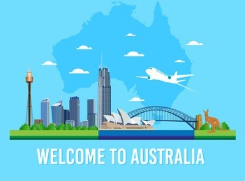 australia skyline landmark and words welcome to australia vector for flat trendy illustration, travel to australia, advertising web illustration, summer vacation and traveling banner.