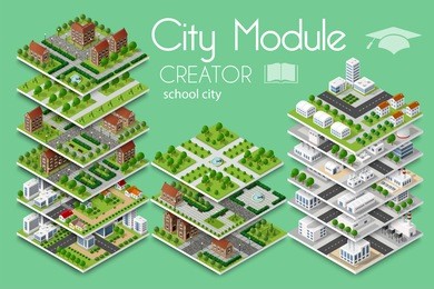 city module creator isometric concept of urban infrastructure business. vector building illustration of school university education of  elements architecture, home, construction, block and park