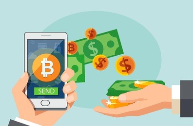 flat modern design concept of cryptocurrency technology, bitcoin exchange, mobile banking. hand holding smartphone with bitcoin and dollars coming out.