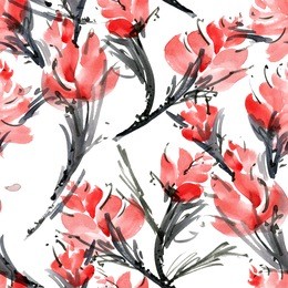 watercolor and ink illustration of flower. sumi-e, u-sin painting. seamless pattern background.