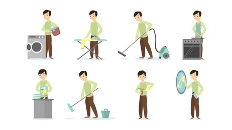 man doing household chores on white background. cleaning and ironing, cooking and vacuum cleaning.