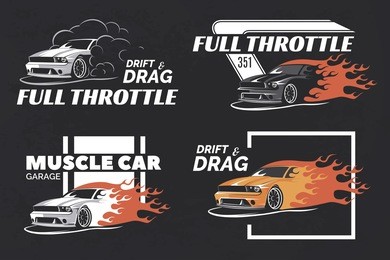 set of muscle logo, badges and emblems on dark grunge background. service car repair, car restoration and car club design elements. t-shirt design. american muscle car for printing.