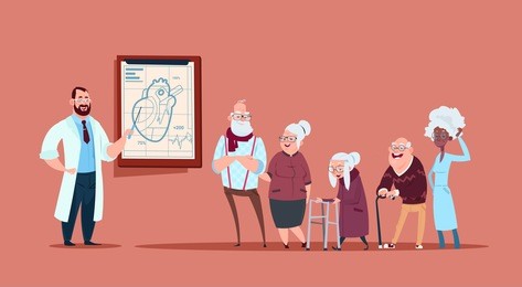 group of senior people on consultation with doctor, pensioners in hospital health care concept flat vector illustration