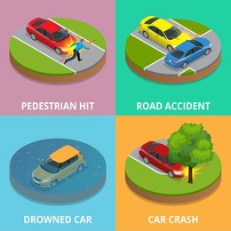 isometric pedestrian hit, road accident, drowned car and car crash concept. car crash template flat style. used for workflow layout, game, diagram, number options, web design and infographics
