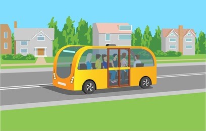  self-driving bus with modern people on cosy street background. vector