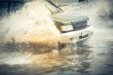 splash by car as it goes through flood water after heavy rains of harvey hurricane storm in houston, texas, us. flooded city road big puddle spray from the wheels of suv car roaring by. vintage tone