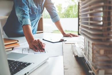  architect engineer design working on blueprint planning concept. construction concept