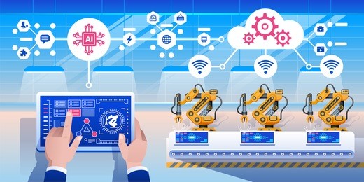 smart industry 4.0 infographic. man connecting with a factory using tablet and exchanging data with a neural network. artificial intelligence. vector illustration.