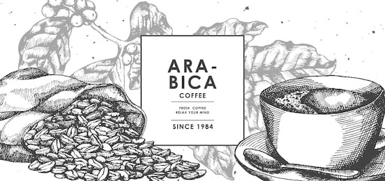 vintage black coffee and coffee bean in sackcloth by pen ink sketch drawing technique.vector and illustration.